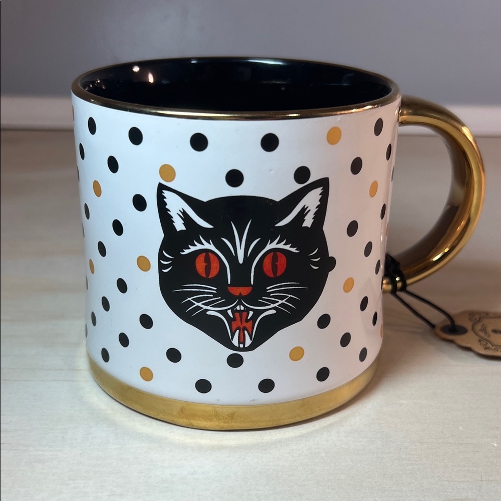 Cat Face Polka Dot Mug with Gold Accents Halloween Festivities